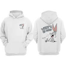 The Wert Unisex What S Up Doc Tasarım Ön Arka Baskılı Normal Kalıp Beyaz Sweatshirt