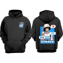 The Wert Unisex Summer Cartoon Tasarım Ön Arka Baskılı Normal Kalıp Siyah Sweatshirt