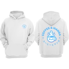 The Wert Unisex Coffee And Manga Tasarım Ön Arka Baskılı Normal Kalıp Beyaz Sweatshirt
