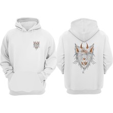 The Wert Unisex 6 Gözlu Kedi Tasarım Ön Arka Baskılı Normal Kalıp Beyaz Sweatshirt