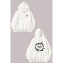 The Wert Unisex Tasarım Göz Çizimi Tasarım Ön Arka Baskılı Normal Kalıp Beyaz Sweatshirt