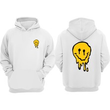 The Wert Unisex Eriyen Gülen Yüz Tasarım Ön Arka Baskılı Normal Kalıp Beyaz Sweatshirt