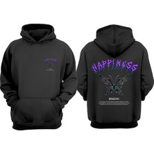 The Wert Unisex Happıness Kelebek Tasarım Ön Arka Baskılı Normal Kalıp Siyah Sweatshirt