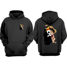 The Wert Unisex Anime Luffy Korsan Bayrak Tasarım Ön Arka Baskılı Normal Kalıp Siyah Sweatshirt