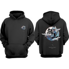 The Wert Unisex Anime Japon Leylek Tasarım Ön Arka Baskılı Normal Kalıp Siyah Sweatshirt