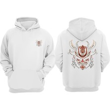 The Wert Unisex Viking Samuray Tasarım Ön Arka Baskılı Normal Kalıp Beyaz Sweatshirt