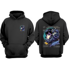 The Wert Unisex Futuristic Space Robot Cartoon Tasarım Ön Arka Baskılı Normal Kalıp Siyah Sweatshirt