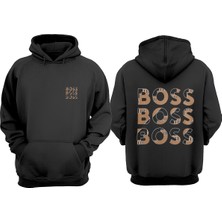 The Wert Unisex Boss Boss Boss Tasarım Ön Arka Baskılı Normal Kalıp Siyah Sweatshirt