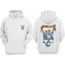 The Wert Unisex Metallıca El Tasarım Ön Arka Baskılı Normal Kalıp Beyaz Sweatshirt