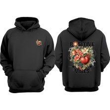 The Wert Unisex Positive Vibes Papatya Tasarım Ön Arka Baskılı Normal Kalıp Siyah Sweatshirt