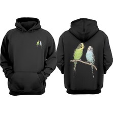 The Wert Unisex Muhabbet Kuşları Tasarım Ön Arka Baskılı Normal Kalıp Siyah Sweatshirt