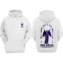 The Wert Unisex Bad Rules Kanatlı Mor Kadın Tasarım Ön Arka Baskılı Normal Kalıp Beyaz Sweatshirt