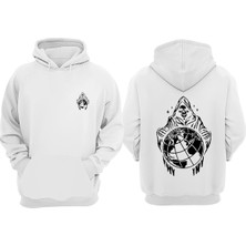 The Wert Unisex Azrail ve Dunya Tasarım Ön Arka Baskılı Normal Kalıp Beyaz Sweatshirt