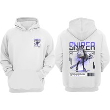 The Wert Unisex Sniper Anime Futuristic Tasarım Ön Arka Baskılı Normal Kalıp Beyaz Sweatshirt