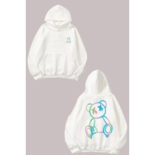 The Wert Renklı Ayı Tasarım Ön Arka Baskılı Normal Kalıp Beyaz Sweatshirt