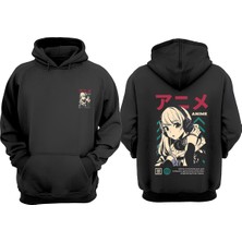 The Wert Unisex Anime Girl Japan Tasarım Ön Arka Baskılı Normal Kalıp Siyah Sweatshirt