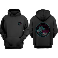The Wert Unisex Jopon Dalga Tasarım Ön Arka Baskılı Normal Kalıp Siyah Sweatshirt