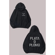 The Wert Plata O Plomo Tasarım Ön Arka Baskılı Normal Kalıp Siyah Sweatshirt