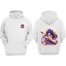 The Wert Katana Anime Japanese Tasarım Ön Arka Baskılı Normal Kalıp Beyaz Sweatshirt