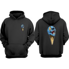 The Wert Unisex Eriyen Yüz Dondurma Tasarım Ön Arka Baskılı Normal Kalıp Siyah Sweatshirt
