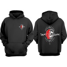 The Wert Unisex Gül Kurukafa Tasarım Ön Arka Baskılı Normal Kalıp Siyah Sweatshirt