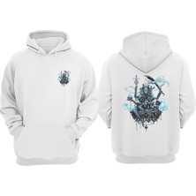 The Wert Unisex Üç Şeytan Tasarım Ön Arka Baskılı Normal Kalıp Beyaz Sweatshirt