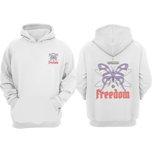 The Wert Unisex Freedom Kelebek Tasarım Ön Arka Baskılı Normal Kalıp Beyaz Sweatshirt