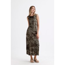 Yırtmaçlı Kolsuz Likralı Viskon Elbise | ELB35734 Haki Batik