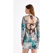 Sırt Dekolteli Astarlı Payetli Abiye Elbise | ELB35271 Mor Siyah