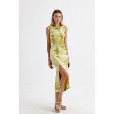 Yırtmaçlı Kolsuz Likralı Viskon Elbise | ELB35734 Fıstık Yeşili Batik