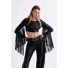 Sense Crop Püskül Detaylı Uzun Kol   Deri Bluz | BLZ35780 Siyah