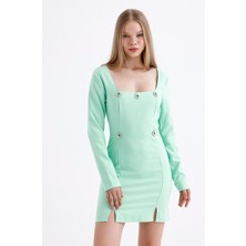 Uzun Kol Kare Yaka Taş Detaylı Mini Elbise | ELB35869 Su Yeşili Yeşil