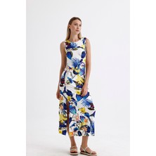 Sense Yırtmaçlı Kolsuz Likralı Viskon Elbise ELB35734 Saks Çiçekli