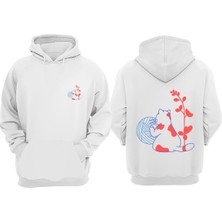 The Wert Iplik Yumagı Oynayan Kedi Tasarım Ön Arka Baskılı Normal Kalıp Beyaz Sweatshirt