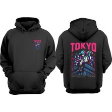 The Wert Anime Girl Tokyo Nightscape Tasarım Ön Arka Baskılı Normal Kalıp Siyah Sweatshirt
