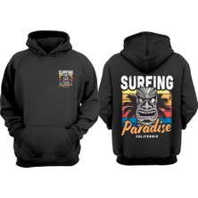 The Wert Surfıng Paradıse Calıfornıa Tasarım Ön Arka Baskılı Normal Kalıp Siyah Sweatshirt