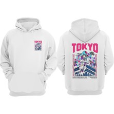 The Wert Anime Girl Tokyo Nightscape Tasarım Ön Arka Baskılı Normal Kalıp Beyaz Sweatshirt