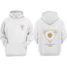 The Wert Strength Papatya Tasarım Ön Arka Baskılı Normal Kalıp Beyaz Sweatshirt