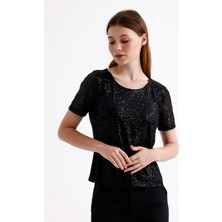 Sense Kısa Kol Pul Payet Abiye Bluz | BLZ35540 Siyah