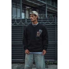 Janes Uzun Kol Bisiklet Yaka Baskılı Sweatshirt - Siyah