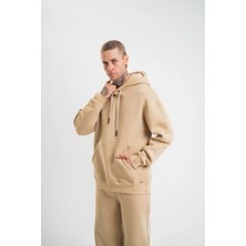 Janes Unisex Double Oversize Kapşonlu Basic Sweatshirt - Bej