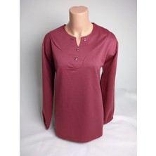 Yaşar Triko Kadın Gülkurusu Armut Yaka Dört Düğmeli Uzun Kollu Bilek Lastikli Yırtmaçlı Iki Iplik Bluz