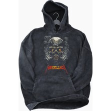 Fuddy Moda Unisex Metallica Maske Baskılı Kapüşonlu Yıkamalı Sweatshirt, Oversize Rock Metal Baskılı Hoodie