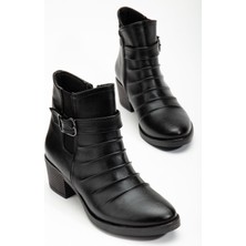 Kadın Topuklu Bot Günlük Siyah Yüzü Büzgülü Kalın Topuklu