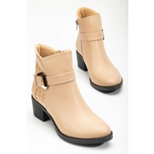 Kadın Topuklu Bot Günlük Bej Cilt Kroko Baskılı Kalın Topuklu