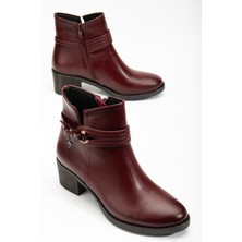 Dilimler Ayakkabı Kadın Topuklu Bot Günlük Bordo Biyeli Kalın Topuklu
