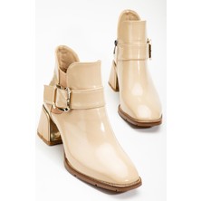 Dilimler Ayakkabı Kadın Topuklu Bot Bej Rugan Tokalı Klasik Vardola Taban