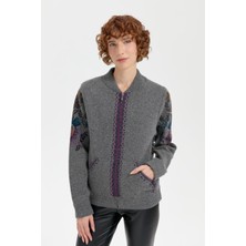 Desen Triko Kadın Hakim Yaka Arkası ve Kolu Çiçek Desenli Yün Ceket 24049 Füme