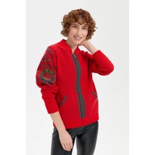 Desen Triko Kadın Hakim Yaka Arkası ve Kolu Çiçek Desenli Yün Ceket 24049 Mercan