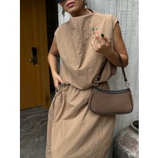 Kadın Camel Paraşüt Kumaş Astarlı Tasarım Balon Bluz 28067